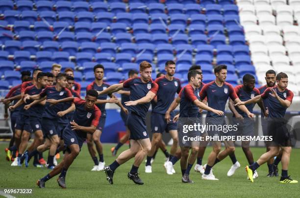 National football team players take part in a training session, on June 8 at the Groupama Stadium in Decines-Charpieu near Lyon, central-eastern...