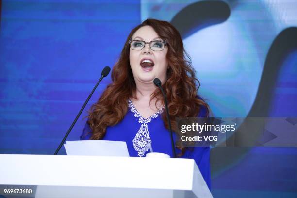 English soprano Sarah Brightman attends the press conference of 'Phantom China Project' at Shanghai Grand Theatre on June 7, 2018 in Shanghai, China.