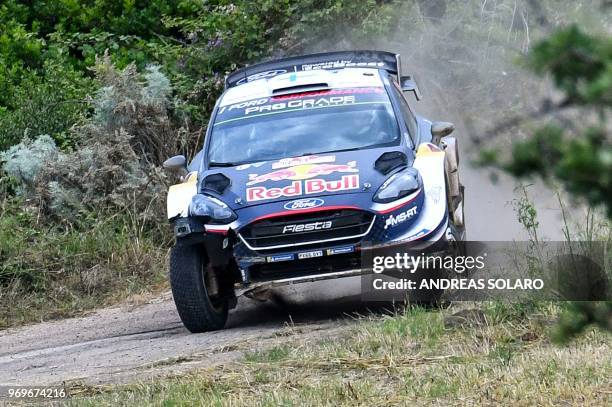 Finnish driver Teemu Suninen steers his Ford Fiesta WRC assisted by co-driver Mikko Markkula, near Castelsardo village, on the second day of the 2018...