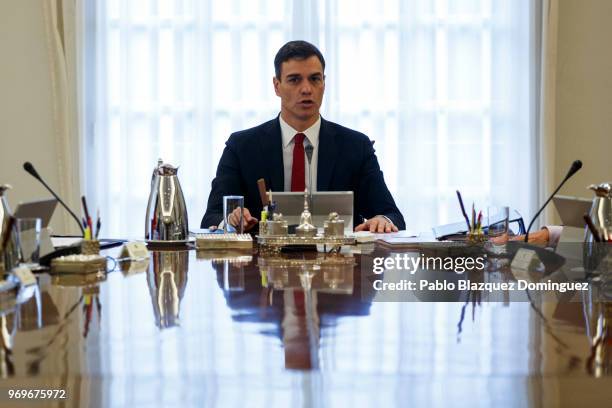 Spain's Prime Minister Pedro Sanchez presides his first cabinet meeting at the Moncloa Palace on June 8, 2018 in Madrid, Spain. Spain's new...