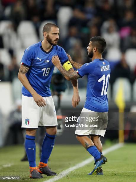 Leonardo Bonucci of Italy, Lorenzo Insigne of Italy during the International friendly match between Italy and The Netherlands at Allianz Stadium on...