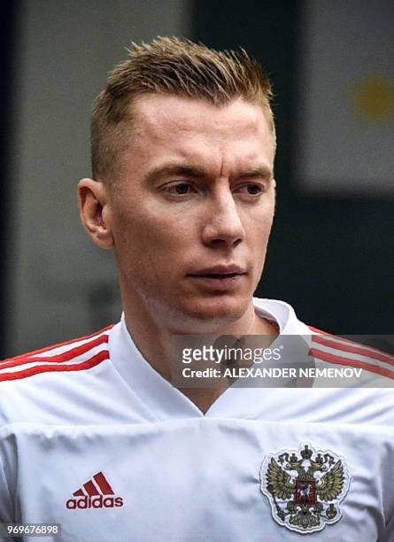 Russia's defender Andrey Semyonov attends a training session of the Russian national football team in Novogorsk outside Moscow on June 8 ahead of the...