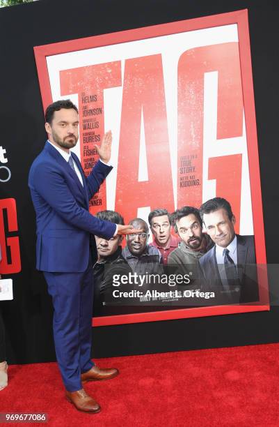 Actor Jake Johnson arrives for the Premiere Of Warner Bros. Pictures And New Line Cinema's "Tag" held at Regency Village Theatre on June 7, 2018 in...