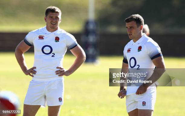 George Ford and Owen Farrell look on during the England training session held at St. Stithians College on June 8, 2018 in Sandton, South Africa.