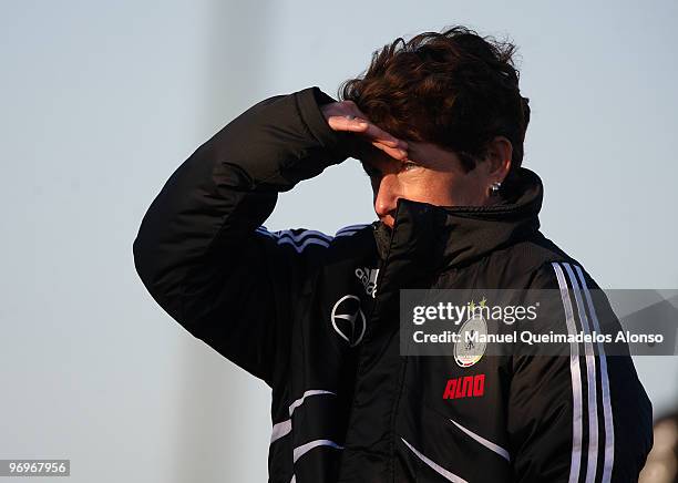 Head coach Maren Meinert of Germany looks on during the Women's international friendly match between Germany and England on February 22, 2010 in La...