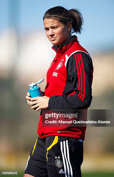 Dzsenifer Marozsan of Germany looks on before the Women's international friendly match between Germany and England on February 22, 2010 in La Manga,...