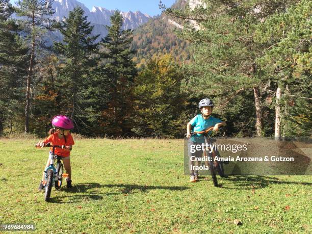 two young brothers biking in hecho valley. huesca province, spain - two kids with cycle imagens e fotografias de stock