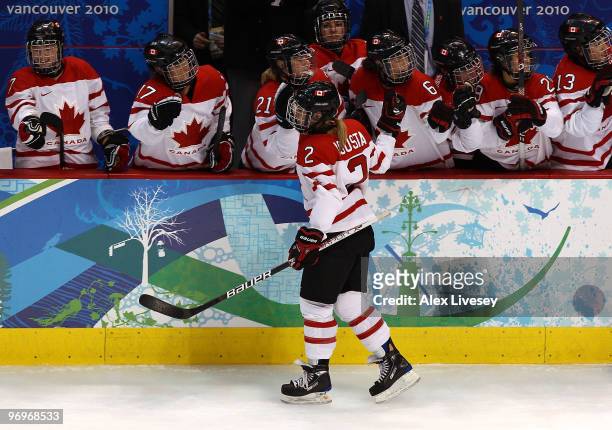 Meghan Agosta of Canada celebrates with her team after scoring a goal in the second period against Finland during the ice hockey women's semifinal...