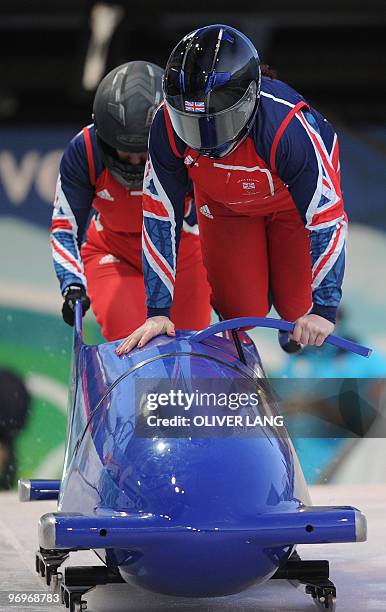 The Great Britain-2 women's bobsleigh piloted by Paula Walker during an official training session at the Whistler sliding centre during the Vancouver...
