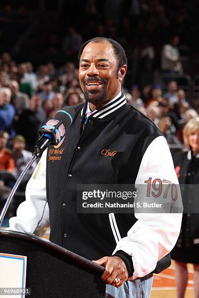 Walt Frazier of the 1970 World Champion New York Knicks speaking on behalf of his team for the 40th anniversary their championship on February 22,...