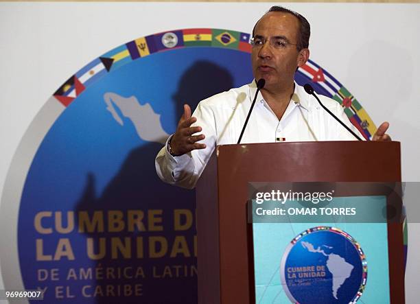 Mexican President Felipe Calderon during a press conference offered in the framework of the Unity Summit with the Rio Group and CARICOM members in...