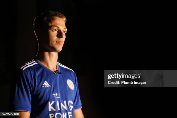 Leicester City Unveil New Signing Jonny Evans at Belvoir Drive Training Complex on June 07 , 2018 in Leicester, United Kingdom.