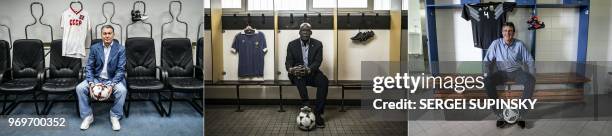 This combination of pictures created on May 30, 2018 shows Ukraine's former football star player Oleg Blokhin posing in the locker room of the FC...