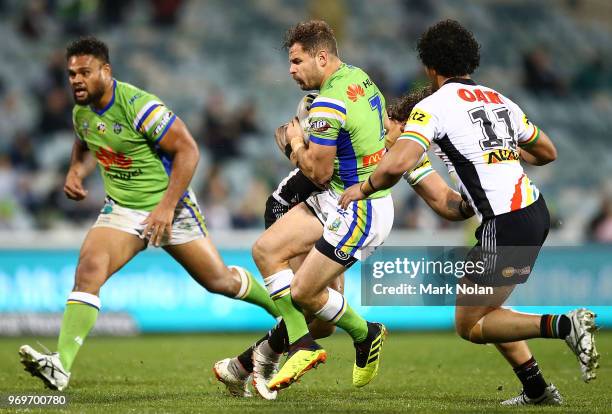 Aiden Sezer of the Raiders in action during the round 14 NRL match between the Canberra Raiders and the Penrith Panthers at GIO Stadium on June 8,...