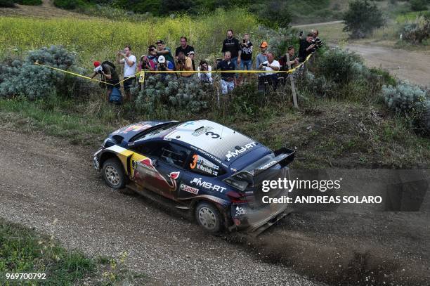 Finnish driver Teemu Suninen and co-driver Mikko Markkula steer their Ford Fiesta WRC, near Castelsardo village, on the second day of the 2018 FIA...