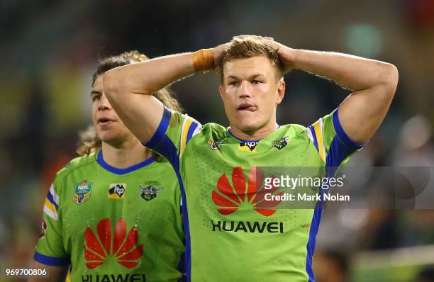 Liam Knight of the Raiders watches on from the bench as the Panthers win the round 14 NRL match between the Canberra Raiders and the Penrith Panthers...