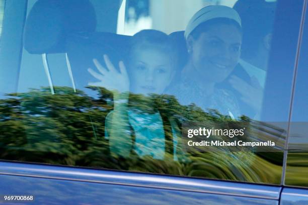 Princess Estelle, Duchess of Ostergotland and Crown Princess Victoria of Sweden arrive at the christening of Princess Adrienne of Sweden at...