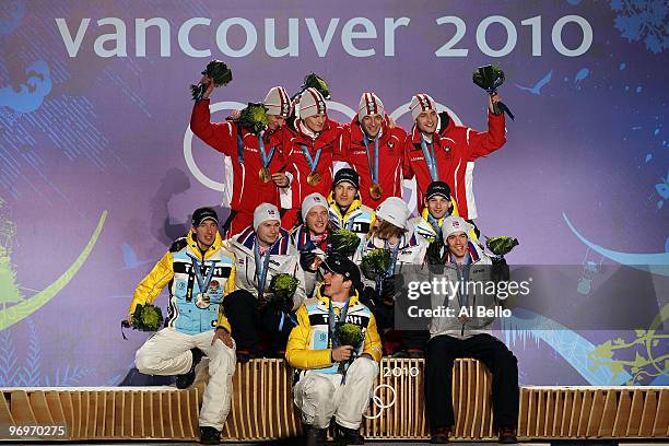 The German team receive the silver medal, the Austrian team receive the gold medal and the Norwegian team receive the bronze medal during the medal...