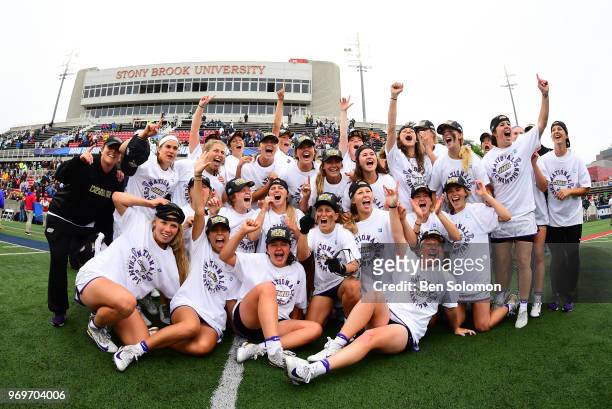 The James Madison Eagles celebrate their victory over the Boston College Eagles during the Division I Women's Lacrosse Championship held at Kenneth...