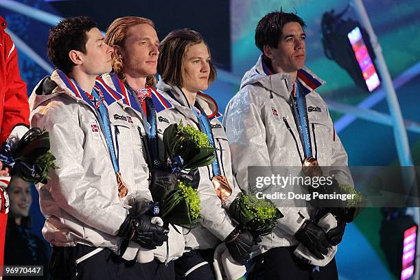 The Norwegian team receive the bronze medal during the medal ceremony for the men's team ski jumping on day 11 of the Vancouver 2010 Winter Olympics...