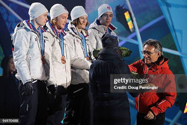 The Norwegian team receive the bronze medal during the medal ceremony for the men's team ski jumping on day 11 of the Vancouver 2010 Winter Olympics...