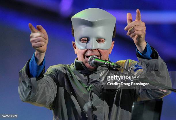Gerald Casale of Devo performs at the medal ceremony on day 11 of the Vancouver 2010 Winter Olympics at Whistler Medals Plaza on February 22, 2010 in...