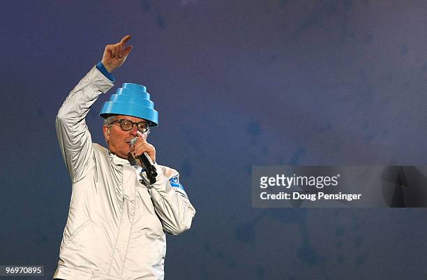 Mark Mothersbaugh of Devo performs at the medal ceremony on day 11 of the Vancouver 2010 Winter Olympics at Whistler Medals Plaza on February 22,...