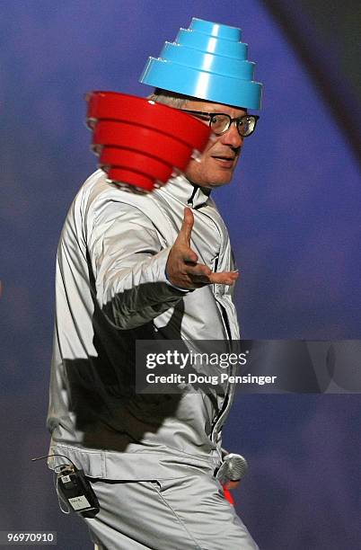 Mark Mothersbaugh of Devo performs at the medal ceremony on day 11 of the Vancouver 2010 Winter Olympics at Whistler Medals Plaza on February 22,...