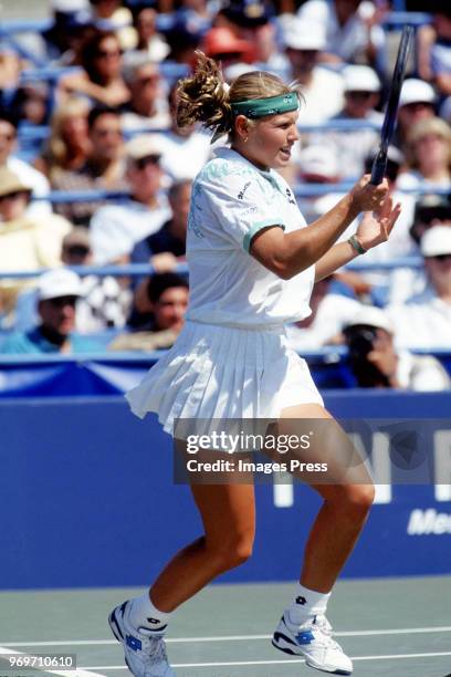 Anke Huber plays tennis during the 1995 US Open in New York City.