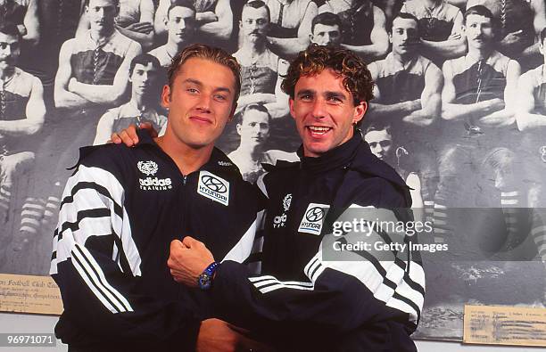 Anthony Koutoufides and Ang Christou of the Carlton Blues poses in Melbourne, Australia.