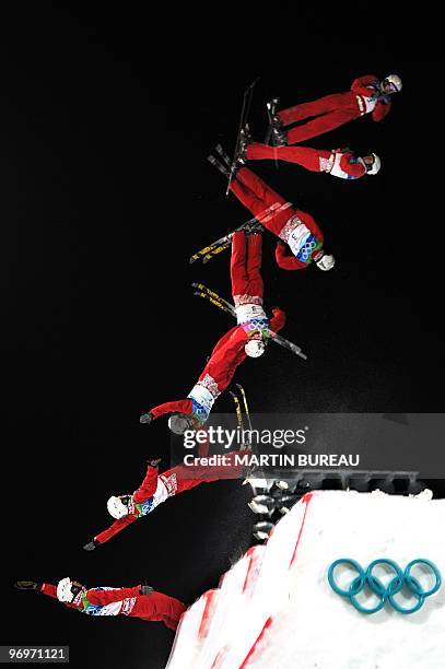 This multiple exposure shows China's Zongyang Jia competing in the Men's Aerials qualifications during the Vancouver Winter Olympics at Cypress...