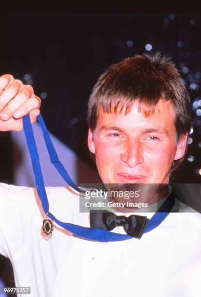 Paul Couch of the Geelong Cata celebrates after winning the 1989 Browlow Medal in Melbourne, Australia.