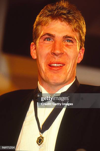 Jim Stynes of Melbourne celebrates winning the 1991 Brownlow Medal on September 23, 1991 in Melbourne, Australia.