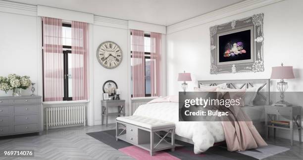 stylish and cozy bedroom interior - cozy bedroom stock pictures, royalty-free photos & images
