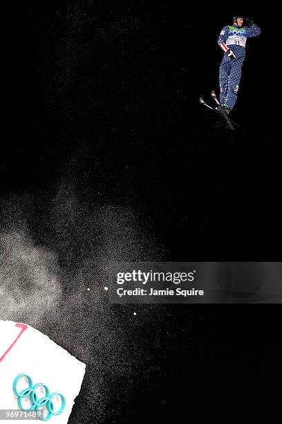Competes during the freestyle skiing men's aerials qualification on day 11 of the Vancouver 2010 Winter Olympics at Cypress Mountain Resort on...