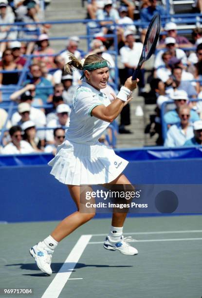 Anke Huber plays tennis during the 1995 US Open in New York City.