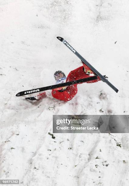 Han Xiaopeng of China falls on his second jump during the freestyle skiing men's aerials qualification on day 11 of the Vancouver 2010 Winter...