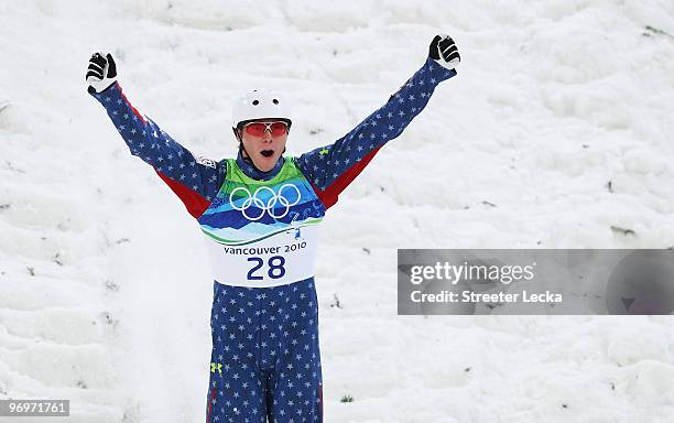 Ryan St Onge of the United States reacts after his second jump during the freestyle skiing men's aerials qualification on day 11 of the Vancouver...