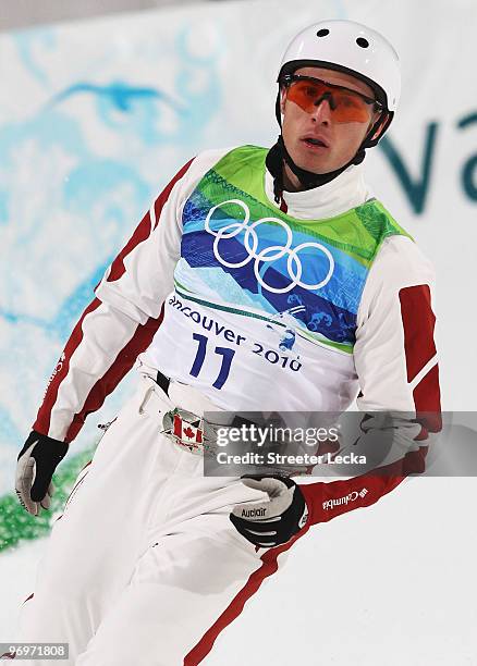 Kyle Nissen of Canada reacts after his second jump during the freestyle skiing men's aerials qualification on day 11 of the Vancouver 2010 Winter...