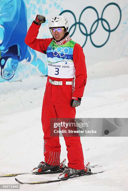 Jia Zongyang of China reacts aftre his first jump during the freestyle skiing men's aerials qualification on day 11 of the Vancouver 2010 Winter...