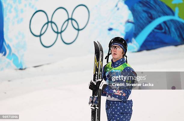 Scotty Bahrke of the United States reacts to his first jump during the freestyle skiing men's aerials qualification on day 11 of the Vancouver 2010...