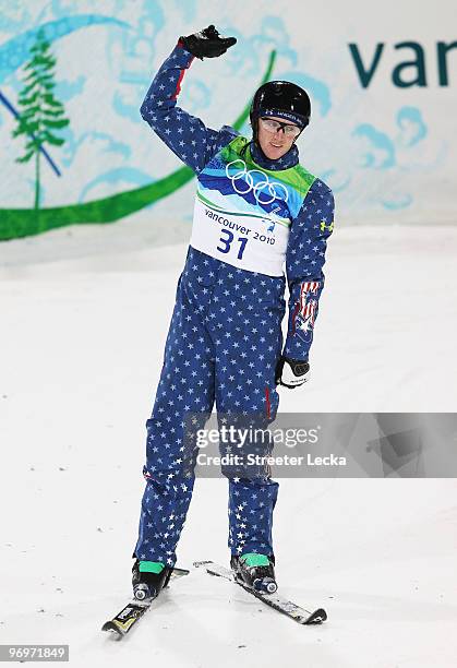 Scotty Bahrke of the United States reacts to his first jump during the freestyle skiing men's aerials qualification on day 11 of the Vancouver 2010...