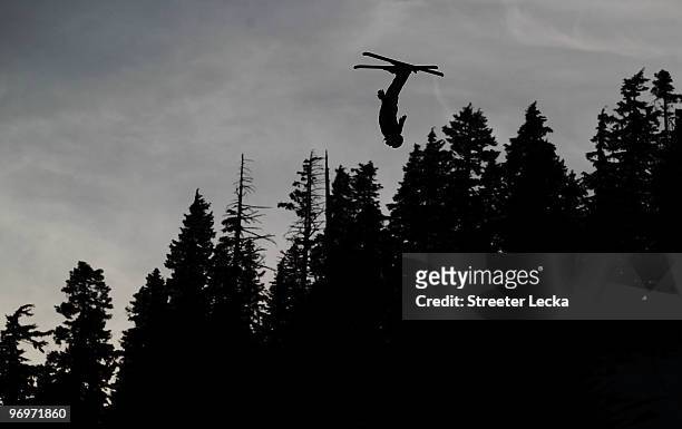 Competitor practices ahead of the freestyle skiing men's aerials qualification on day 11 of the Vancouver 2010 Winter Olympics at Cypress Mountain...