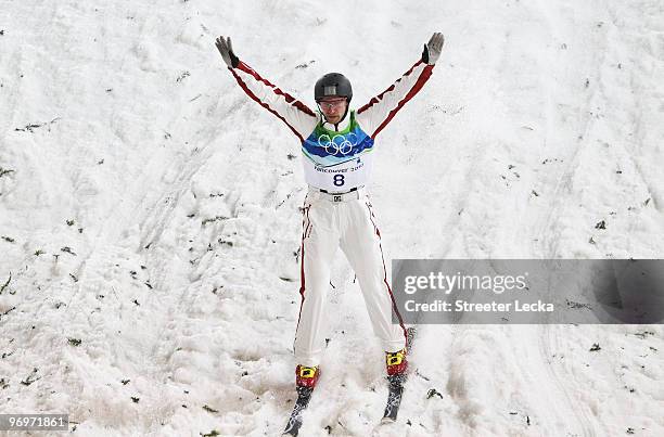 Warren Shouldice of Canada reacts after his second jump during the freestyle skiing men's aerials qualification on day 11 of the Vancouver 2010...