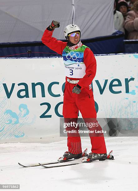 Jia Zongyang of China reacts aftre his first jump during the freestyle skiing men's aerials qualification on day 11 of the Vancouver 2010 Winter...