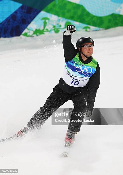 Alexei Grishin of Belarus celebrates during the freestyle skiing men's aerials qualification on day 11 of the Vancouver 2010 Winter Olympics at...