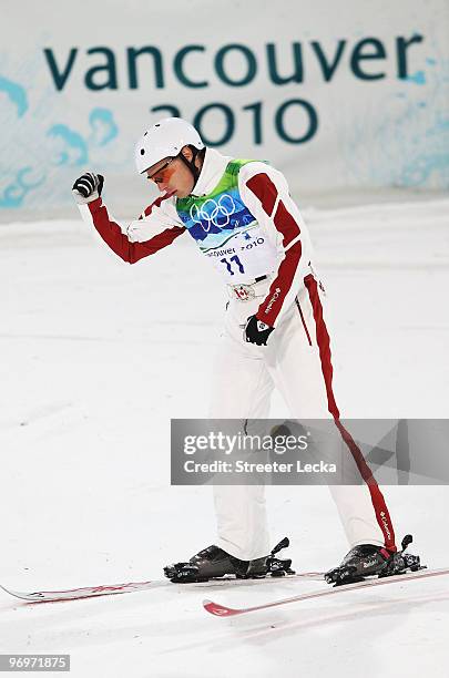 Kyle Nissen of Canada reacts to his first jump during the freestyle skiing men's aerials qualification on day 11 of the Vancouver 2010 Winter...