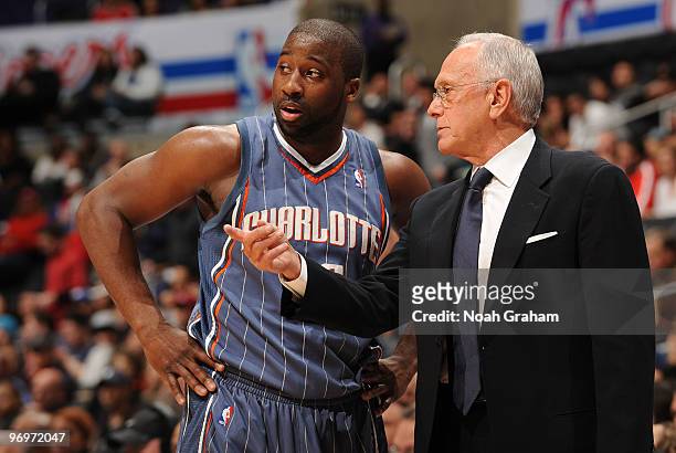 Raymond Felton of the Charlotte Bobcats receives direction from Head Coach Larry Brown during their game against the Los Angeles Clippers at Staples...