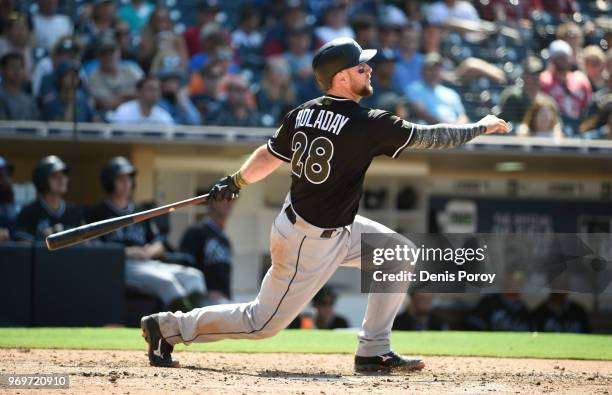 Bryan Holaday of the Miami Marlins plays during a baseball game against the San Diego Padres at PETCO Park on May 28, 2018 in San Diego, California....