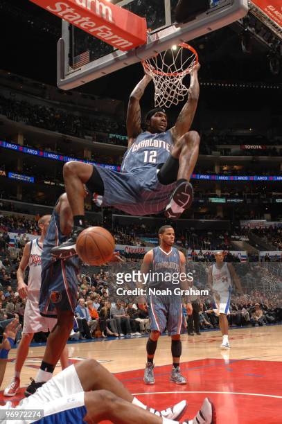Tyrus Thomas of the Charlotte Bobcats dunks during a game against the Los Angeles Clippers at Staples Center on February 22, 2010 in Los Angeles,...